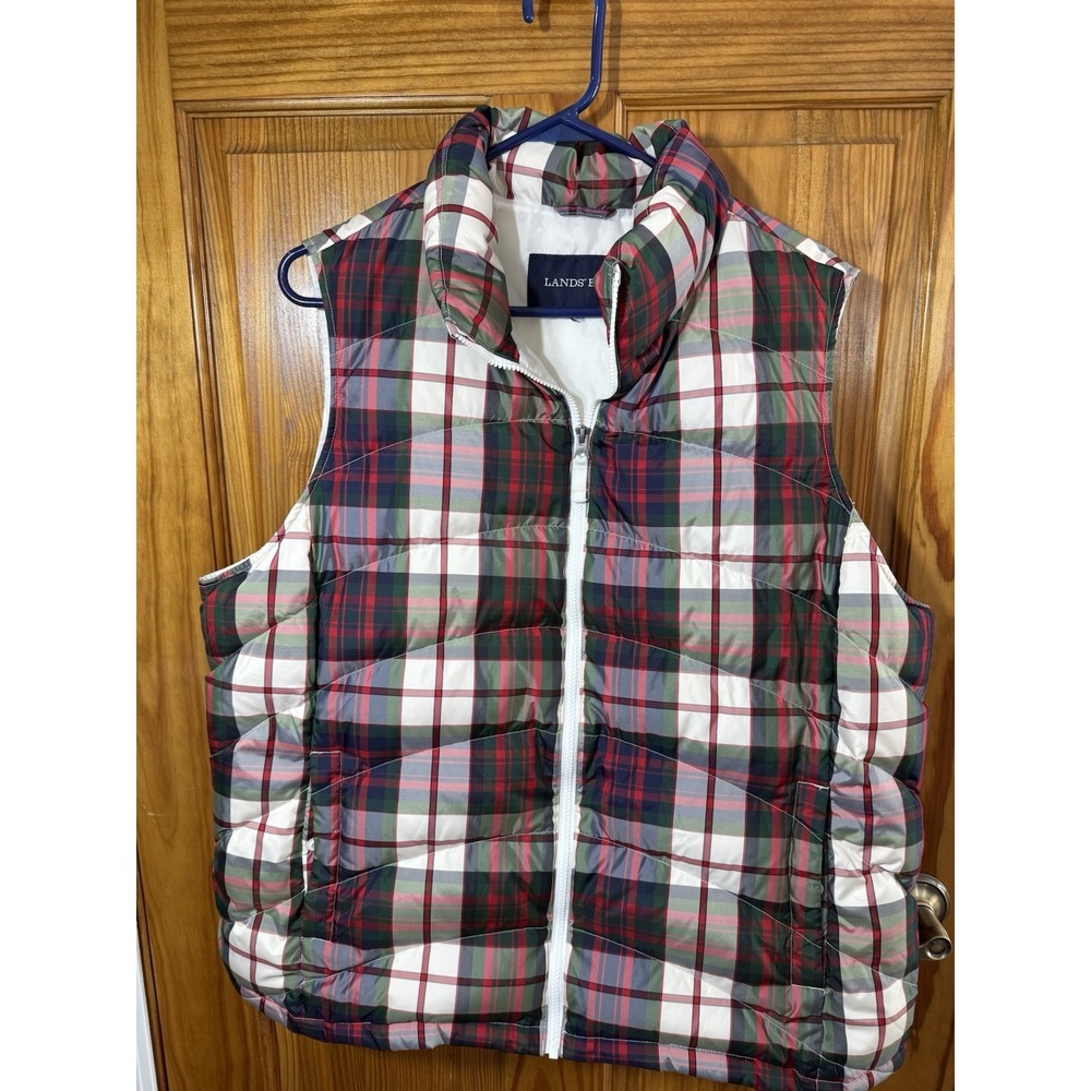 Lands End Down Puffer Vest Womens 1X Cream Tartan Plaid Full Zip Blue White Red